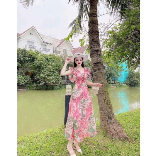 đầm voan tiểu thư đầm voan dài đầm hoạ tiết bông siêu đẹp
