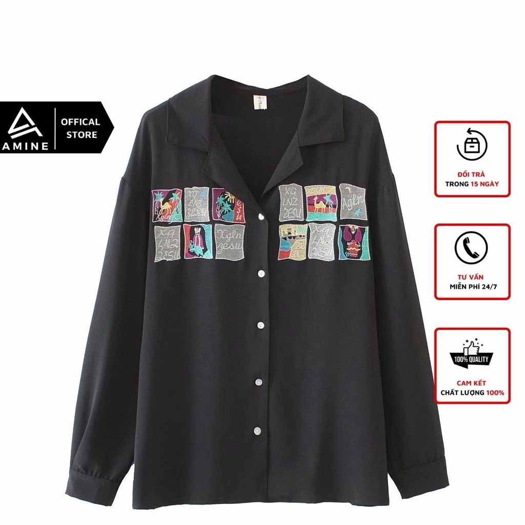 Áo sơ mi nữ đẹp, Sơ mi tay ngắn Free size thêu hình phong cách Hàn Quốc M01 | BigBuy360 - bigbuy360.vn