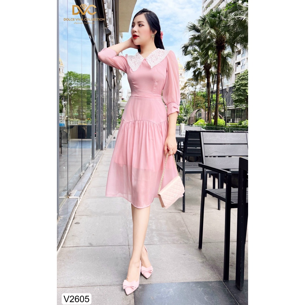 VÁY THIẾT KẾ CAO CẤP HỒNG XÒE CỔ PHỐI REN V2605 -DVC