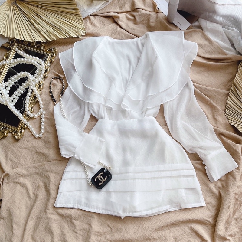 SET Áo voan tơ cổ bèo tầng tay phồng kèm Chân váy lót ren trắng/đen NÀNG CLOSET