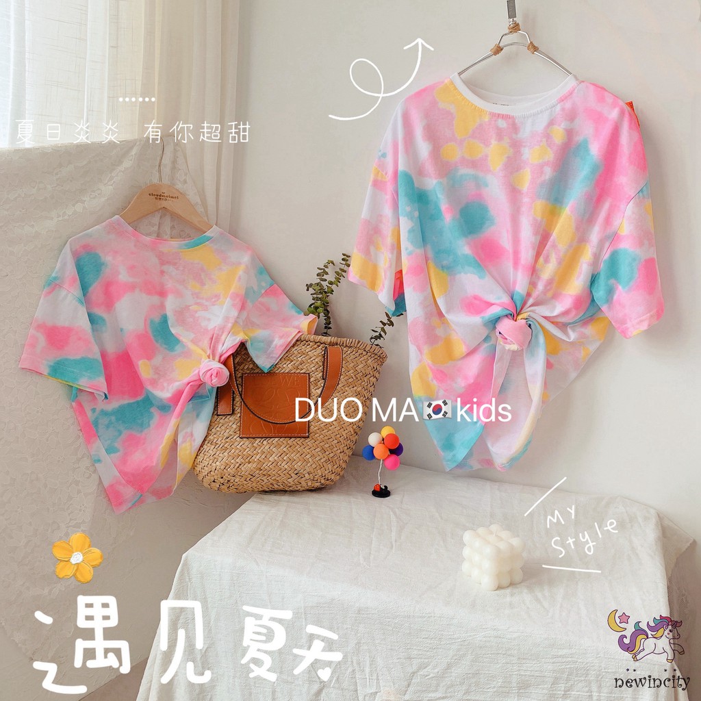 Áo Thun Tay Ngắn Họa Tiết Màu Nhuộm Phong Cách Hàn Quốc Cho Bé Gái