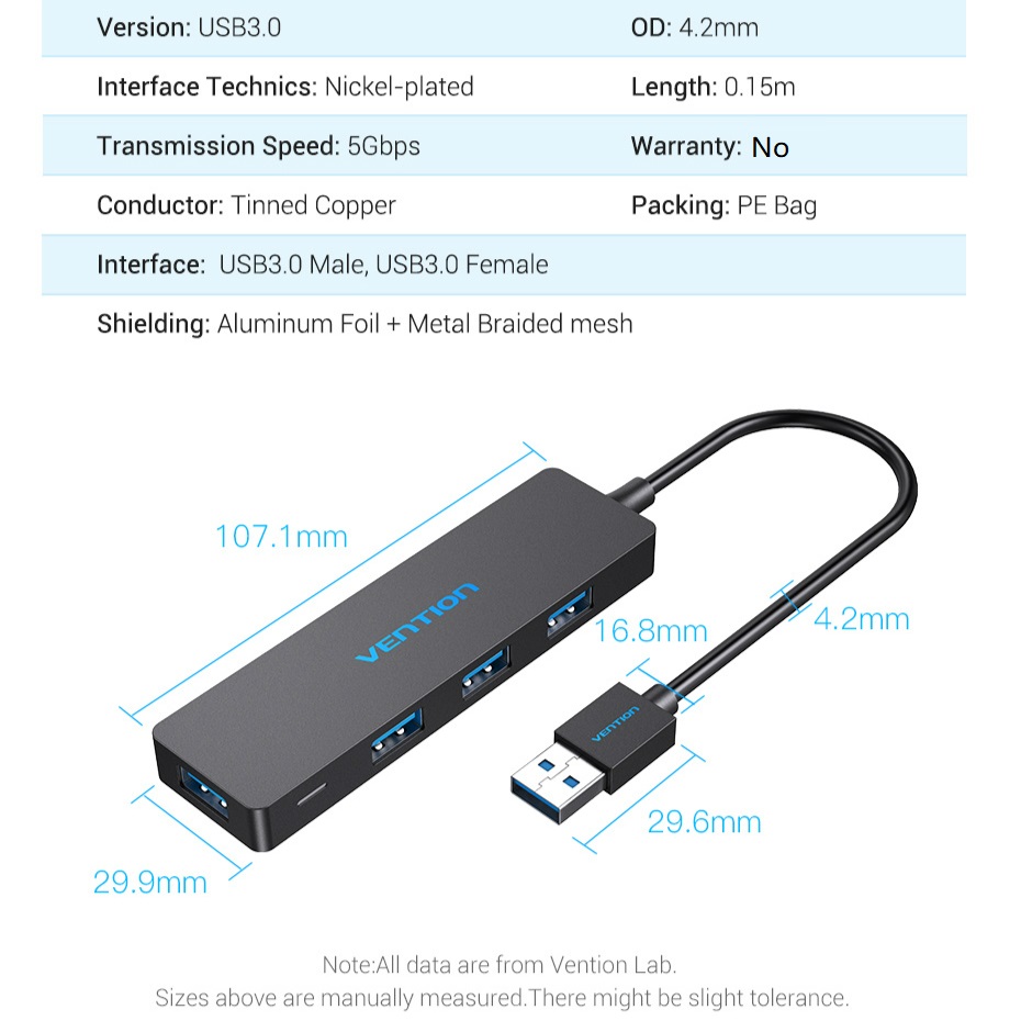 Thiết bị Hub VENTION chia 4 cổng USB 3.0 siêu mỏng cho máy tính xách tay/PC