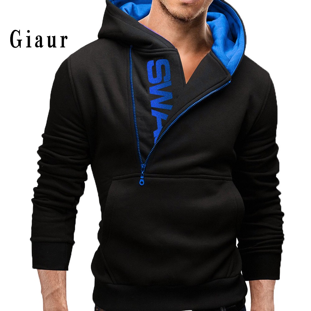 Lowprice  Sports Men Plus Size Slant Zipper Letter Hoodies Long Sleeve Hooded Sweatshirt