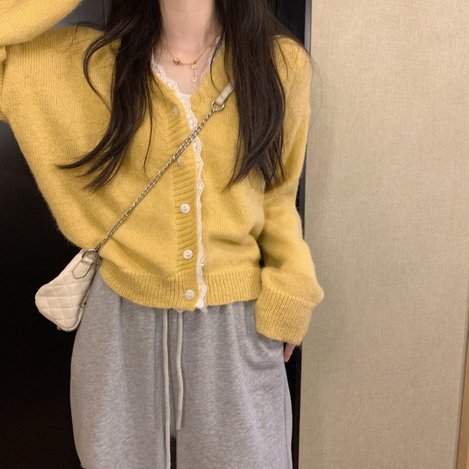 Áo Khoác Cardigan Dệt Kim Dáng Ngắn Form Rộng Phối Ren Thời Trang Cho Nữ