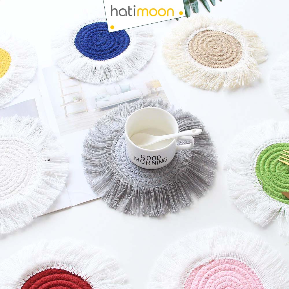 Tấm lót decor, đế lót, miếng lót ly cốc tròn sợi vải tua rua 2 màu 12 cm - Hatimoon- HTL220