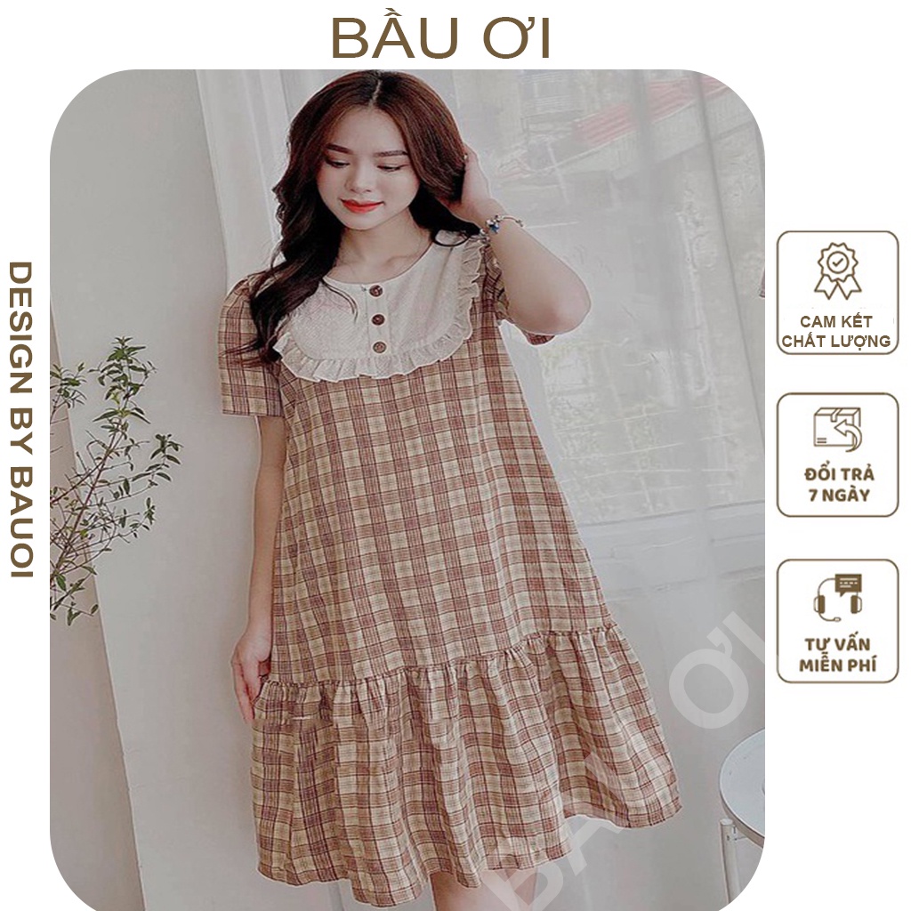 [MẪU HOT V04] VÁY BẦU CÔNG SỞ HÀNG THIẾT KẾ CHẤT LỤA HÀN - ĐẦM BẦU MÙA HÈ KẺ NÂU ĐÁP NGỰC TRẮNG MẶC ĐI LÀM DỰ TIỆC