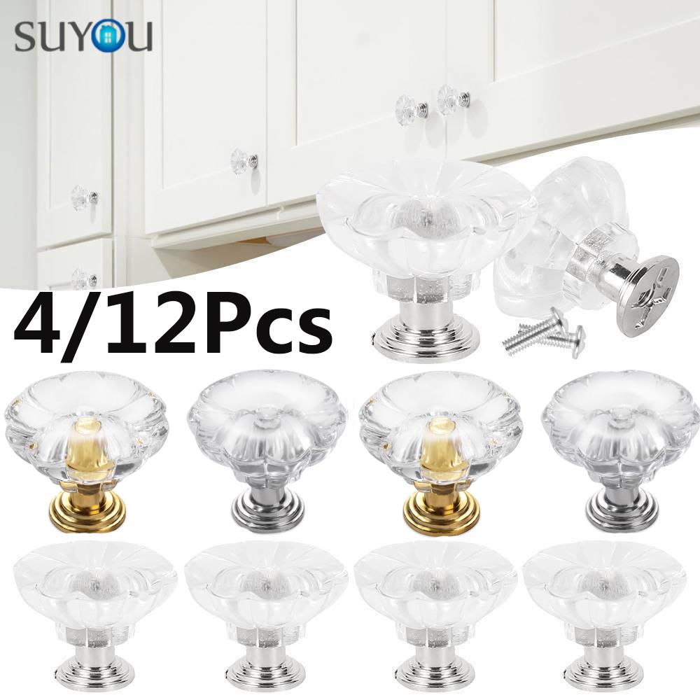 Set 4 / 12 Tay Nắm Cửa Bằng Thủy Tinh Hình Hoa Sen