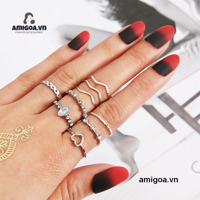 ✨✨Set 9 Nhẫn Đeo Ngón Tay Nhiều Màu Hình Trái Tim Phong Cách Hàn Quốc Cho Nữ