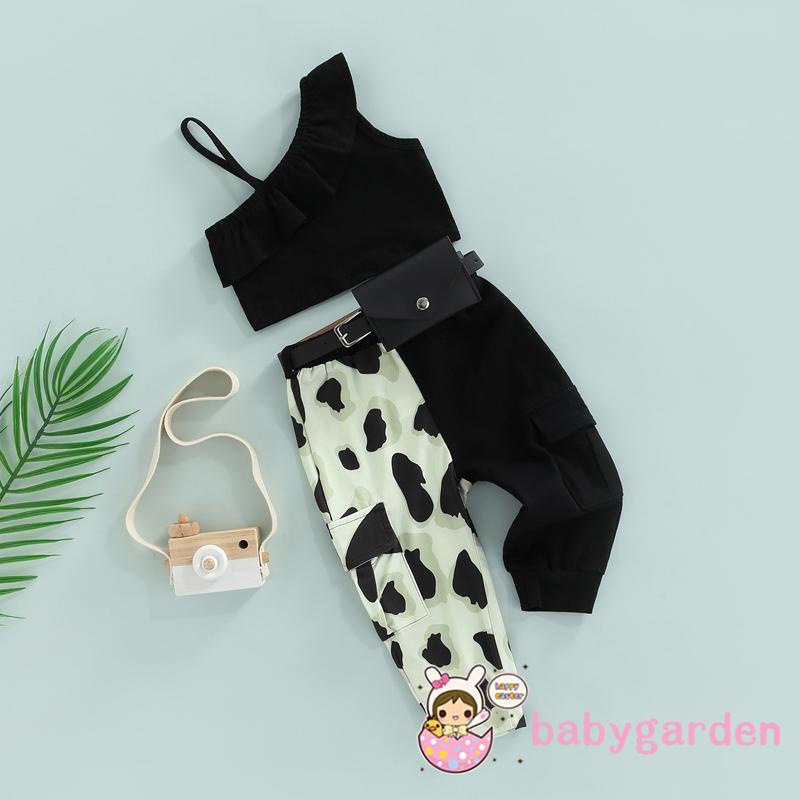 Bộ Áo Hai Dây Không Tay Kèm Quần Họa Tiết Bò Sữa Thời Trang Mùa Hè Cho Bé Gái 1-6 Tuổi