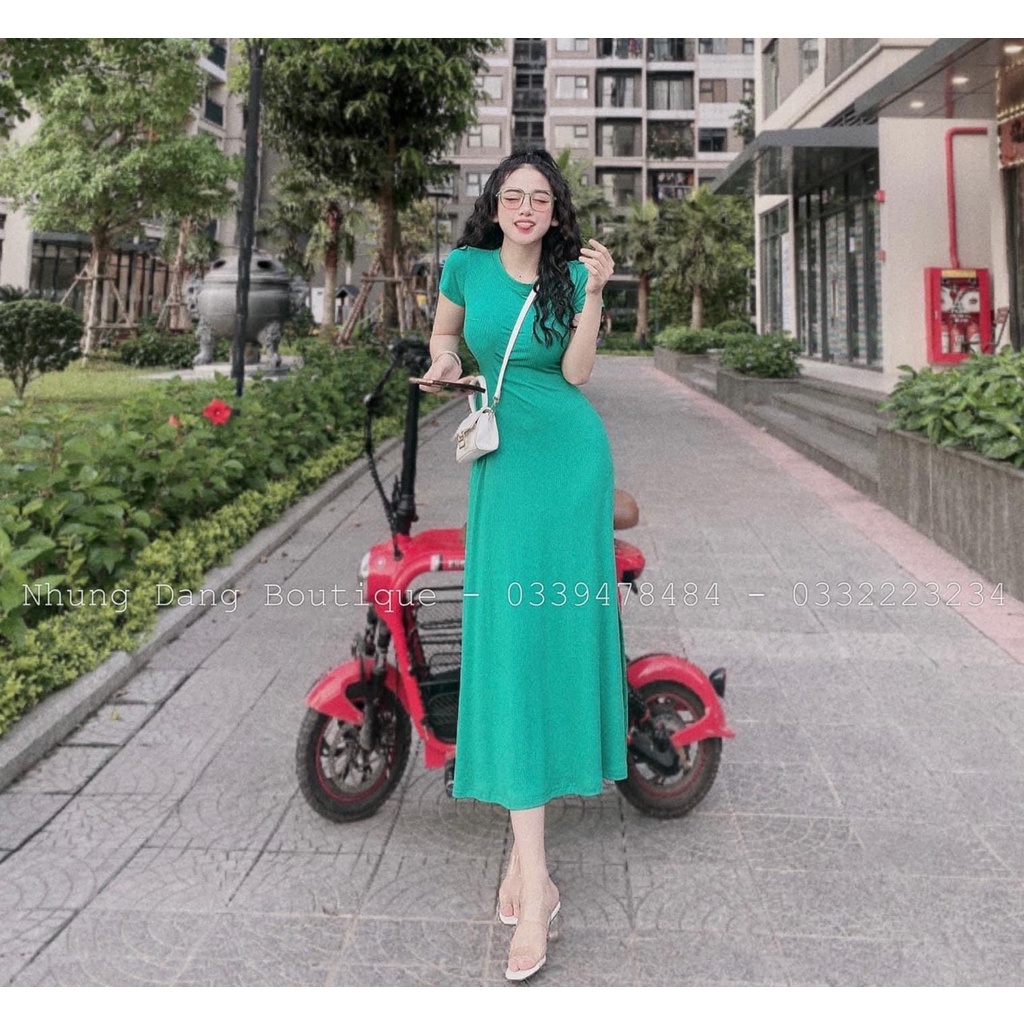 Đầm Cổ Tròn Tay Ngắn Phom Dài Dáng Xòe Chất Thun Gân Thích Hợp Mặc Đi Tiệc Đi Làm Đi Chơi