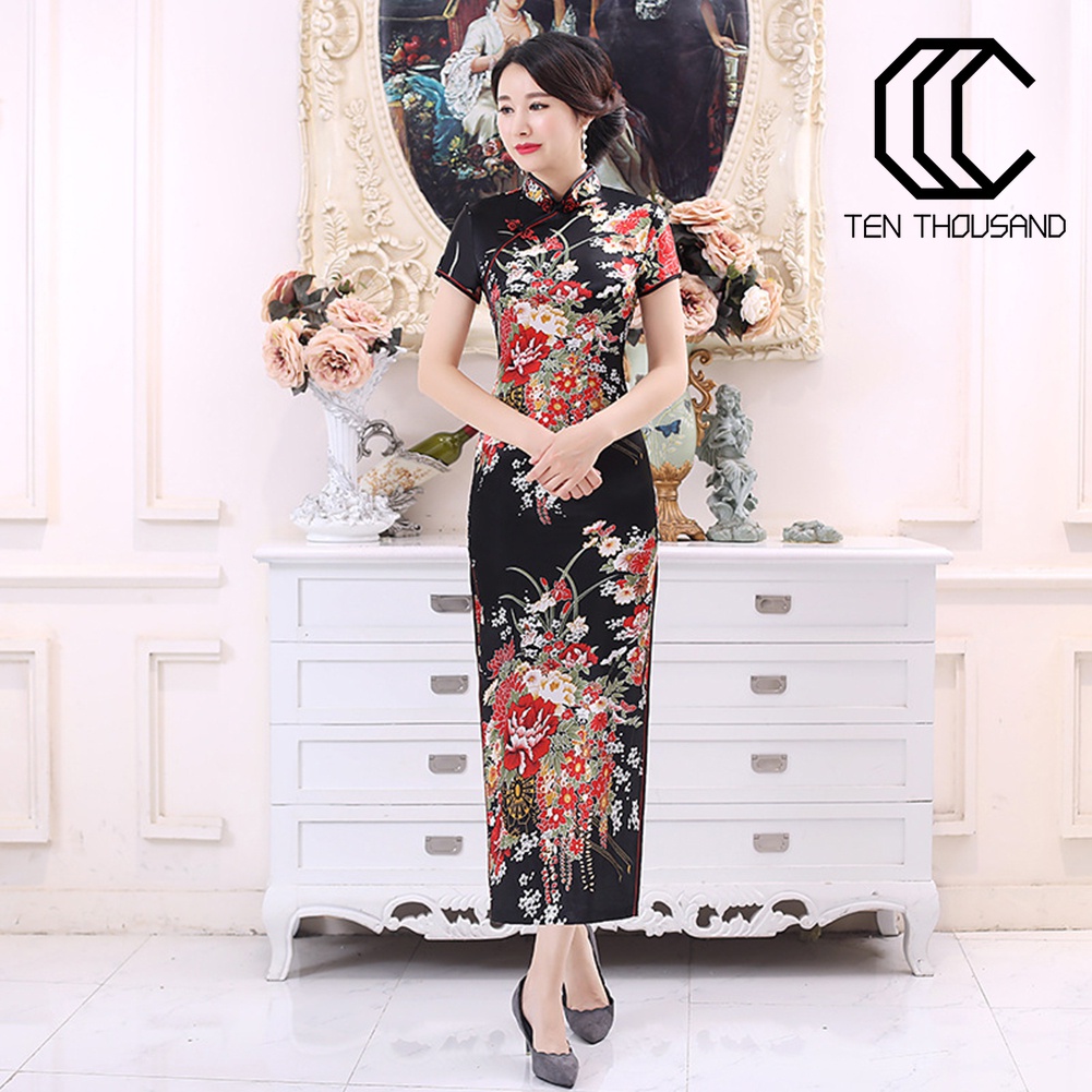 ♋Đầm Sườn Xám Cách Tân Cổ Đứng Xẻ Tà Họa Tiết Hoa Phong Cách Trung Quốc
