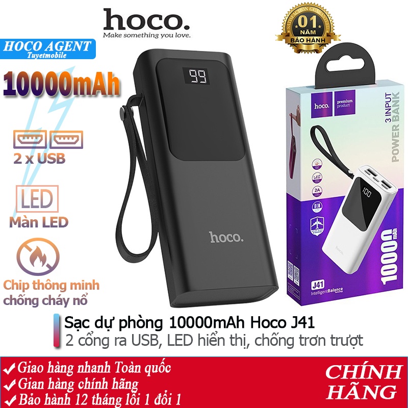 Pin sạc dự phòng Hoco J41 đèn LED hiển thị, 2 cổng ra, tích điện dung lượng 10000mAh - Chính hãng