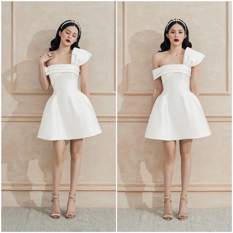 Đầm lệch vai che khuyết điểm vải Tafta