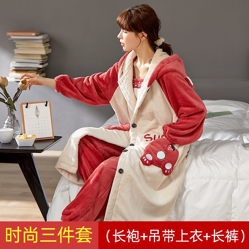 Bộ Đồ Ngủ Tay Dài Chất Nỉ Dày Dặn Giữ Ấm In Họa Tiết Dễ Thương Thời Trang Mùa Đông Cho Nữ