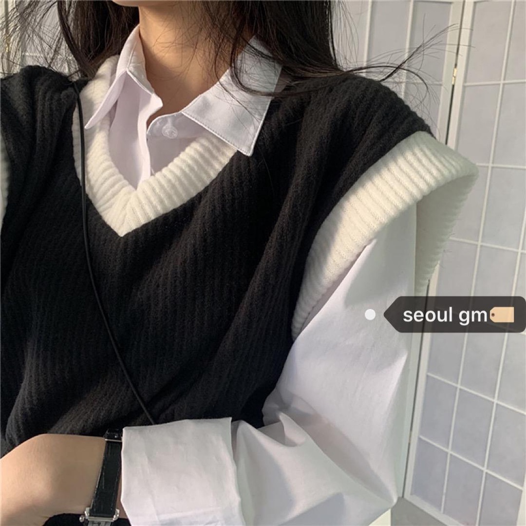 Set Áo Sơ Mi Cổ Chữ V + Áo Khoác Len Không Tay Phong Cách Cổ Điển Thời Trang Xuân Thu Cho Nữ