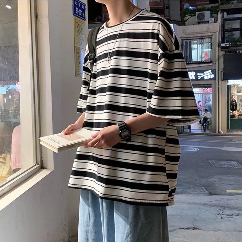 Áo Thun Tay Ngắn Họa Tiết Sọc Thời Trang Phong Cách Năng Động Cho Nam
