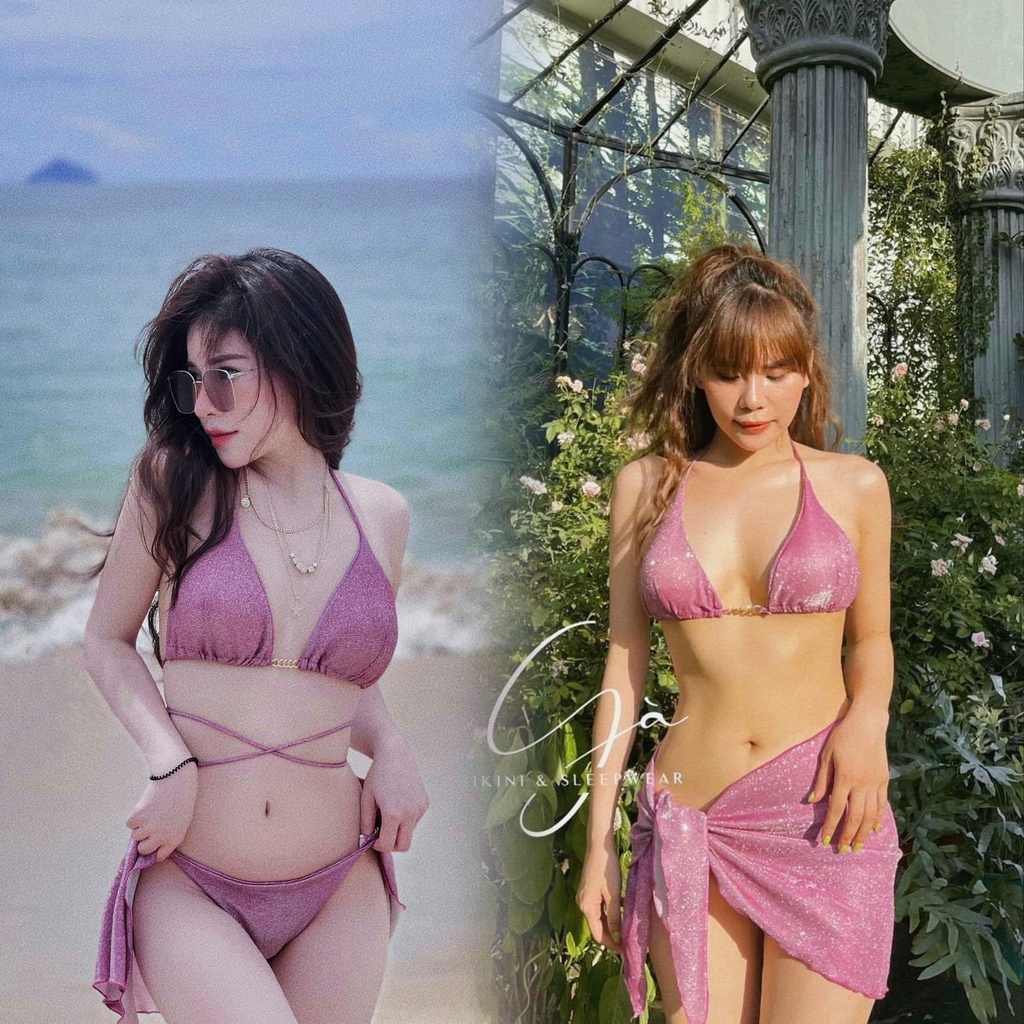 Set bikini tam giác nhũ xích kèm khăn màu tím bling lấp lánh đi biển cực xinh
