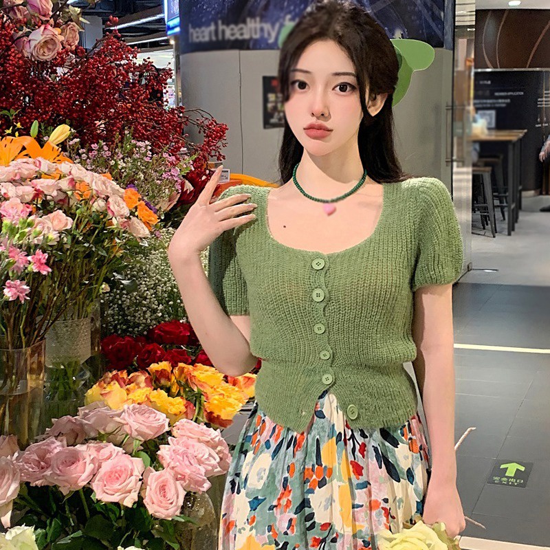 Áo Thun Dệt Kim Ngắn Tay Màu Sắc Đơn Giản Phong Cách Hàn Quốc