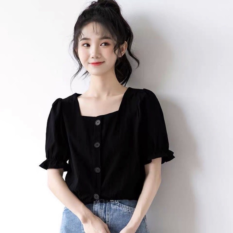 Áo croptop cổ vuông bo lai tay phồng chất liệu mềm mịn