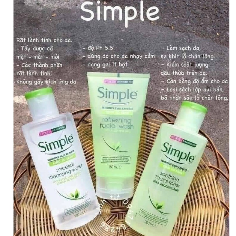 Combo 4 món dưỡng da dịu nhẹ Simple nước hoa hồng + nước tẩy trang + sữa rửa mặt + kem dưỡng ẩm | BigBuy360 - bigbuy360.vn