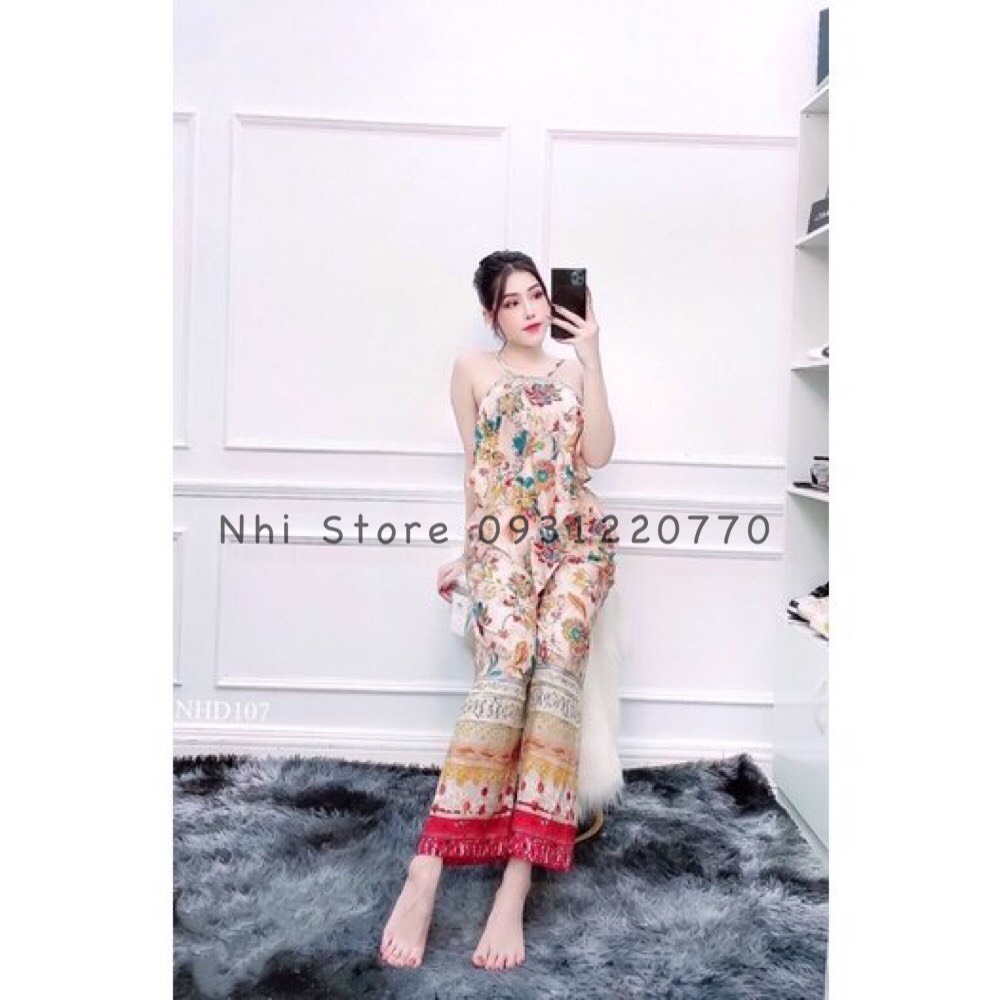 Set Bộ Kiểu Nhistore -Bộ Quần Dài Óng Rộng Áo Dây Cổ Yếm Cột Nơ Chất Lụa Hawai Mềm Mát Freesize Dưới 57kg