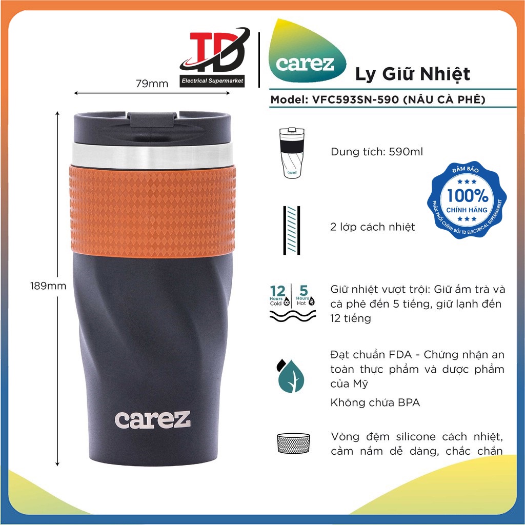 Ly giữ nhiệt Carez model VFC593SN-590ML , màu nâu cà phê, Inox 304, Không chứa BPA