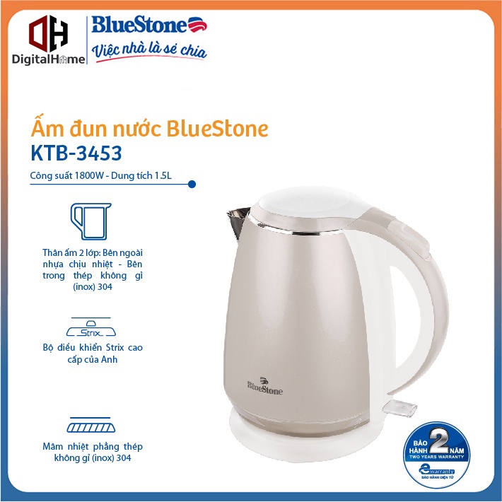 Ấm Đun Nước Bluestone KTB-3453, Công Suất 1800W,Dung Tích 1.5Lit,  Bảo Hành Chính Hãng 2 Năm