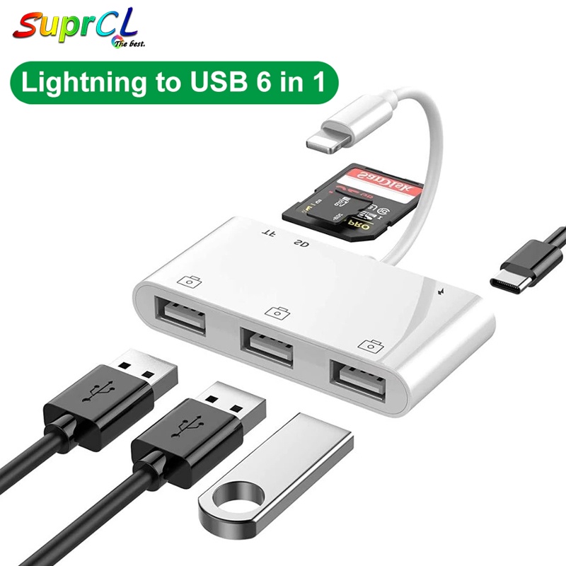 Đầu Chuyển Đổi 6 Trong 1 lightning Sang USB OTG SD/TF/USB Cho iPhone 12 11 Pro 8 X