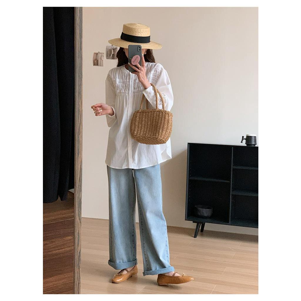 Áo Sơ Mi Trắng Tay Phồng Xếp Ly Kiểu Pháp Thời Trang Mùa Xuân Kiểu Mới 62686