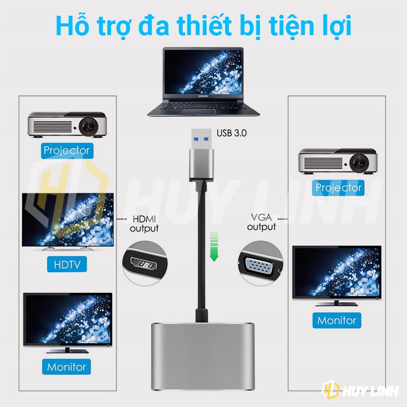 [Mã 154ELSALE2 giảm 7% đơn 300K] Cáp chuyển đổi USB 3.0 to HDMI và VGA Adapter 2K