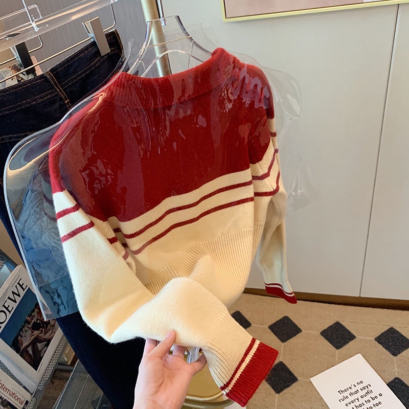 Áo Sweater Cổ polo Tay Dài Dáng Ôm Màu Sắc Tương Phản Thời Trang Mùa Thu Dễ Phối Đồ Cho Nữ