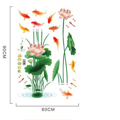 Decal trang trí tường Hoa Sen nhánh dà và đàn cá KOI bơi quanh hồ