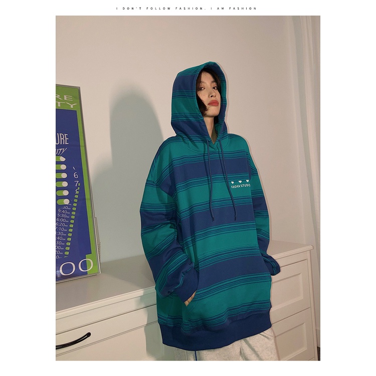 Áo Hoodie Tay Dài Dáng Rộng Họa Tiết Kẻ Sọc Thời Trang Mùa Thu Hàn Quốc Mới