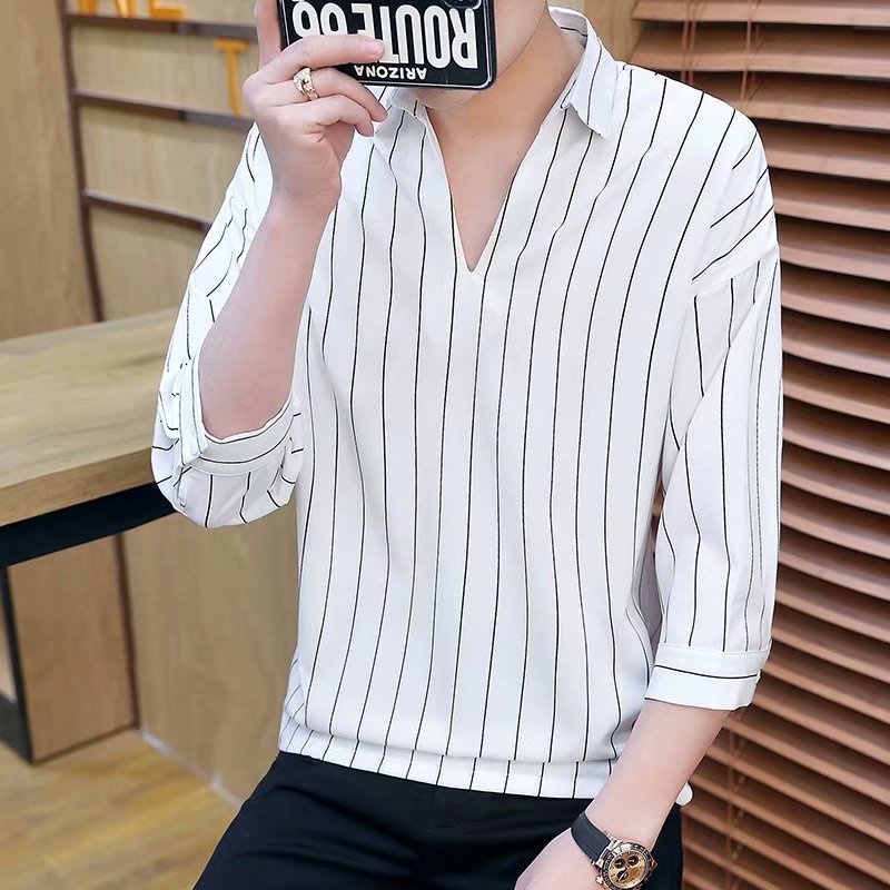 Áo sơ mi tay lửng họa tiết kẻ sọc trắng đen phong cách Hàn Quốc size S-3XL