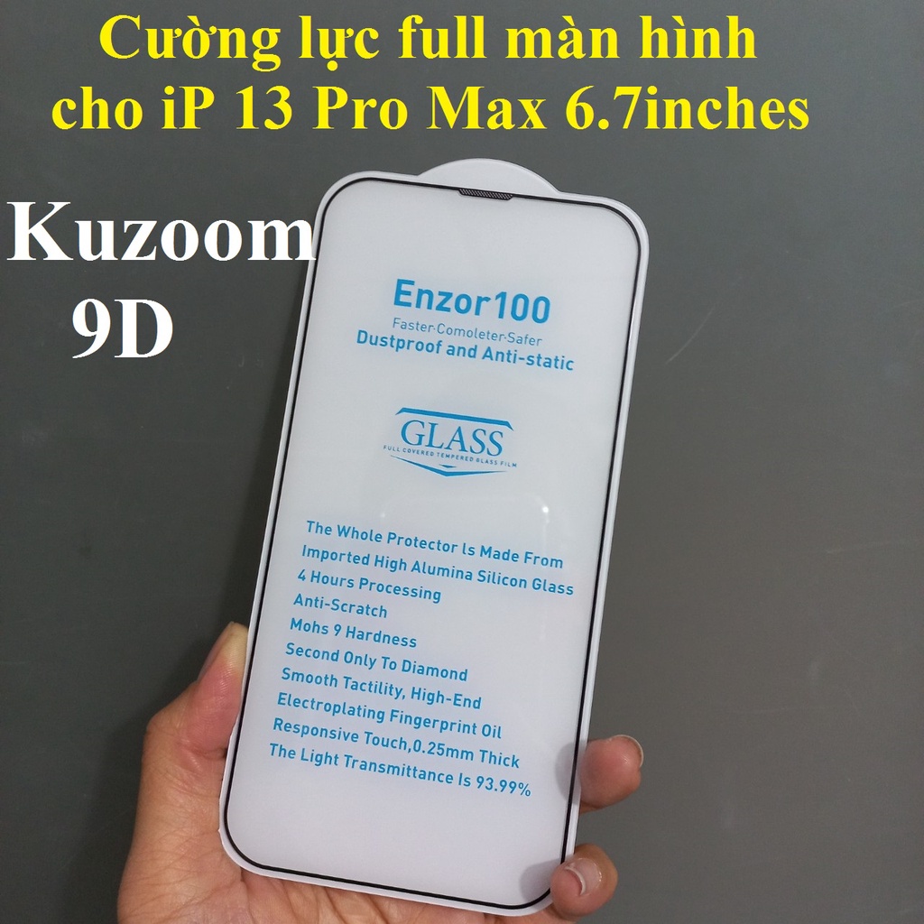 Cường lực full màn hình cho iP 13 Pro Max 6.7 inches Kuzoom 9D