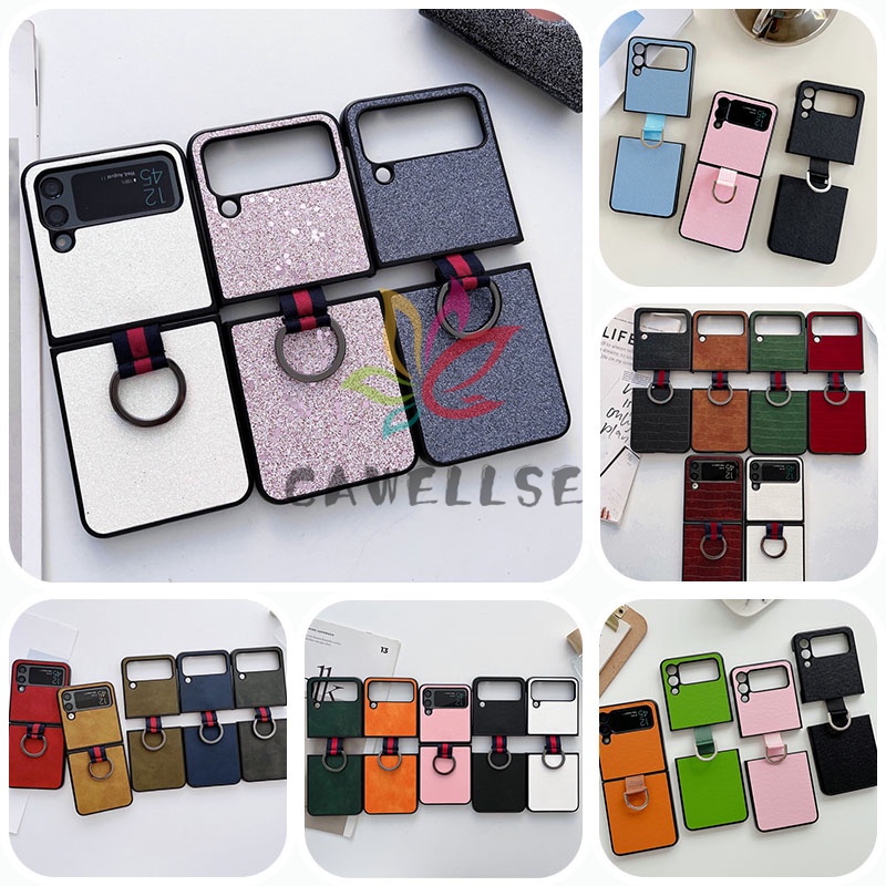Ốp Điện Thoại Da PU Màu Macaron Có Khoen Đỡ Chống Sốc Cho Samsung Galaxy Z Flip 4 Z Flip 3 Zflip 3 Z Flip 4 Flip 3