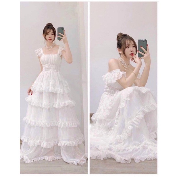 Đầm Trắng Công Chúa nhiều tầng ,hở vai 2 dây dáng xòe ,Váy Maxi thiết kế trễ vai sang trọng Vintage Tiểu Thư ,LAMASS