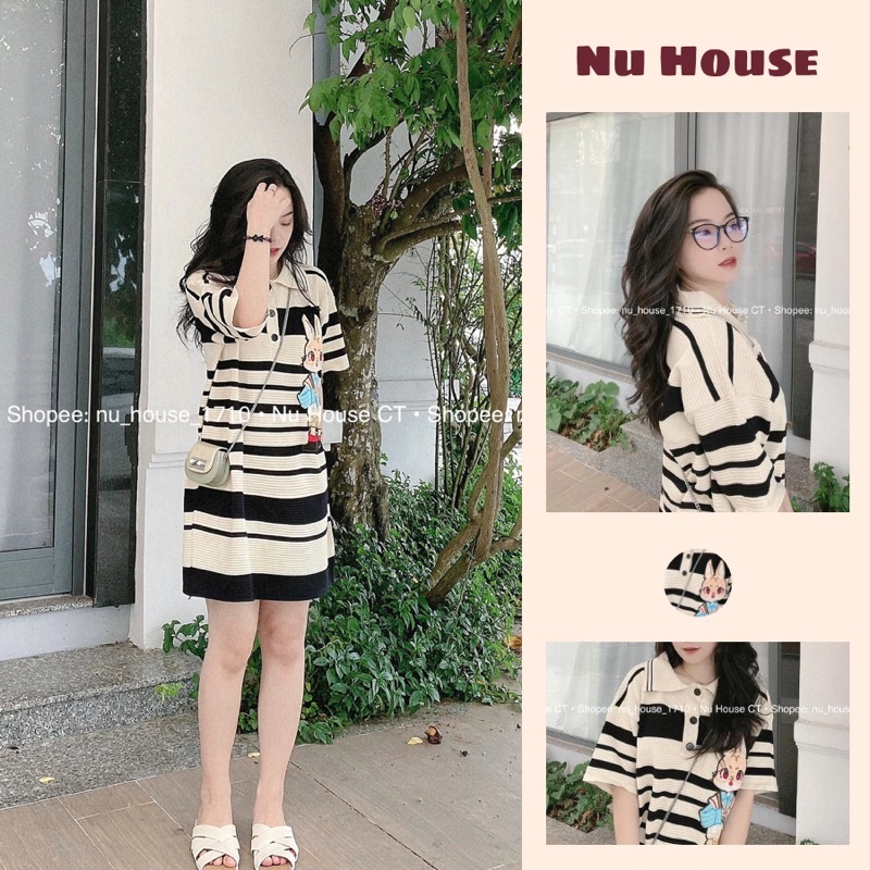 Váy polo nữ sọc ngang len mongtoghi dáng suông bigsize thêu thỏ kèm clip và ảnh thật