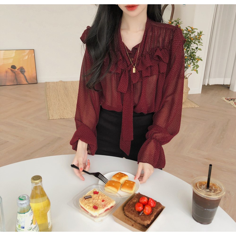 Áo voan tay dài phối bèo họa tiết chấm bi thanh lịch 27588