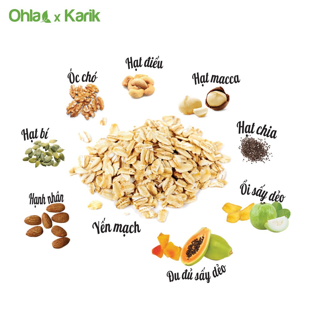 Ngũ cốc dinh dưỡng ăn tối Oatmeal Karik x Ohla yến mạch, hạnh nhân, trái cây sấy dẻo 60g và 180g