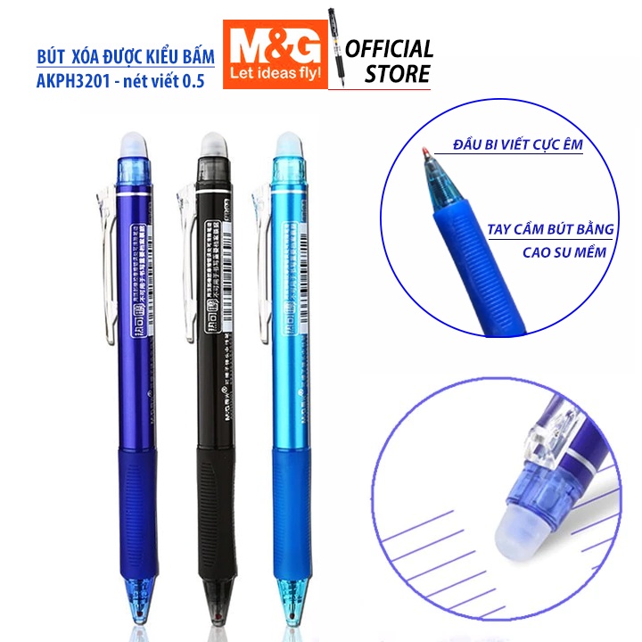 Cây viết mực gel xóa được  bấm AKPH3201 chất lượng giá tốt, tay cầm cao su định vị, nét viết 0.5mm