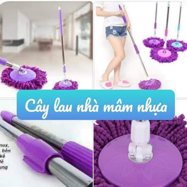 Chổi lau nhà mâm nhựa dạng tròn cán inox cây lau nhà thông minh tự vắt cực sạch