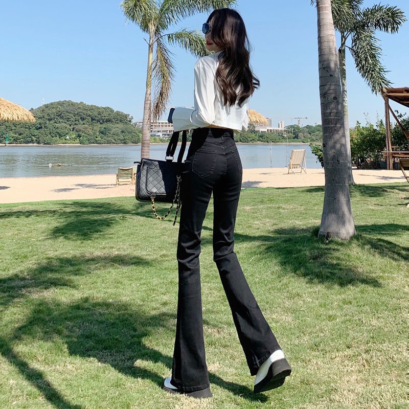 Jiashucheng Quần Jean Nữ Ống Loe Lưng Cao Co Dãn Màu Đen