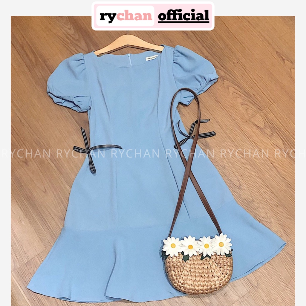 [ẢNH THẬT CUỐI] Đầm Xoè Xám Xanh Nơ Eo Tay Phồng Đuôi Cá - DX059