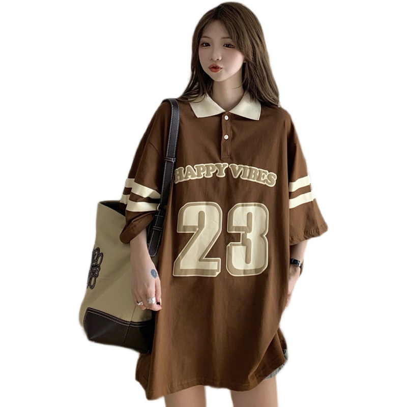 Áo polo Tay Ngắn Dáng Rộng Họa Tiết Kẻ Sọc In Chữ Phong Cách Hàn Quốc Thời Trang Cho Nữ