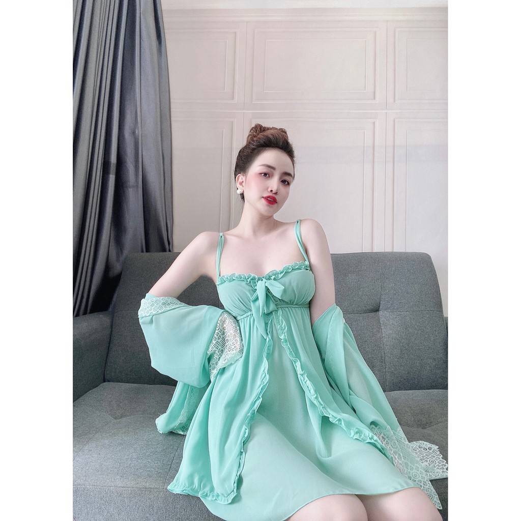 Set Áo Choàng Kèm Váy Ngủ, Váy Đầm Ngủ Sexy 2 Dây Nữ , Đồ Ngủ Sexy 3 Món Siêu Gợi Cảm. | BigBuy360 - bigbuy360.vn