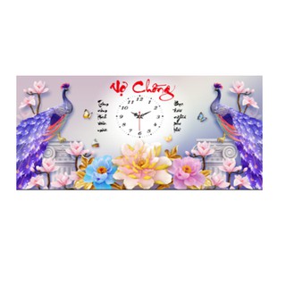 Tranh thêu đồng hồ Vợ Chồng Công Tím 3D LV3167