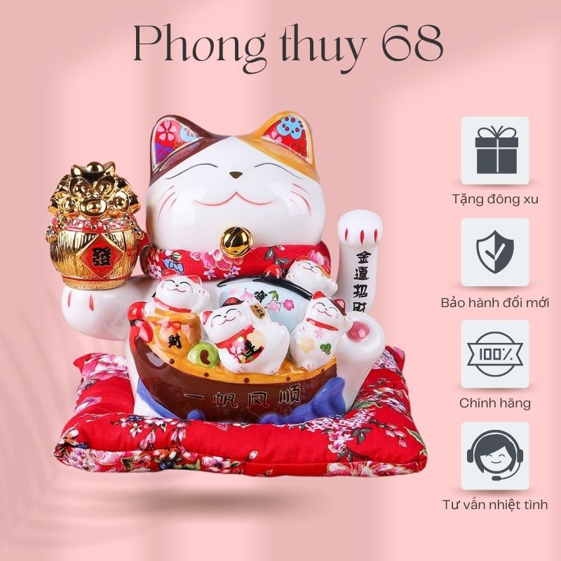 Mèo Thần Tài vẫy tay Phong thủy 68, Mèo tài lộc may mắn Maneki neko Nhật Bản mini bằng gốm sứ cao cấp 17 -20cm