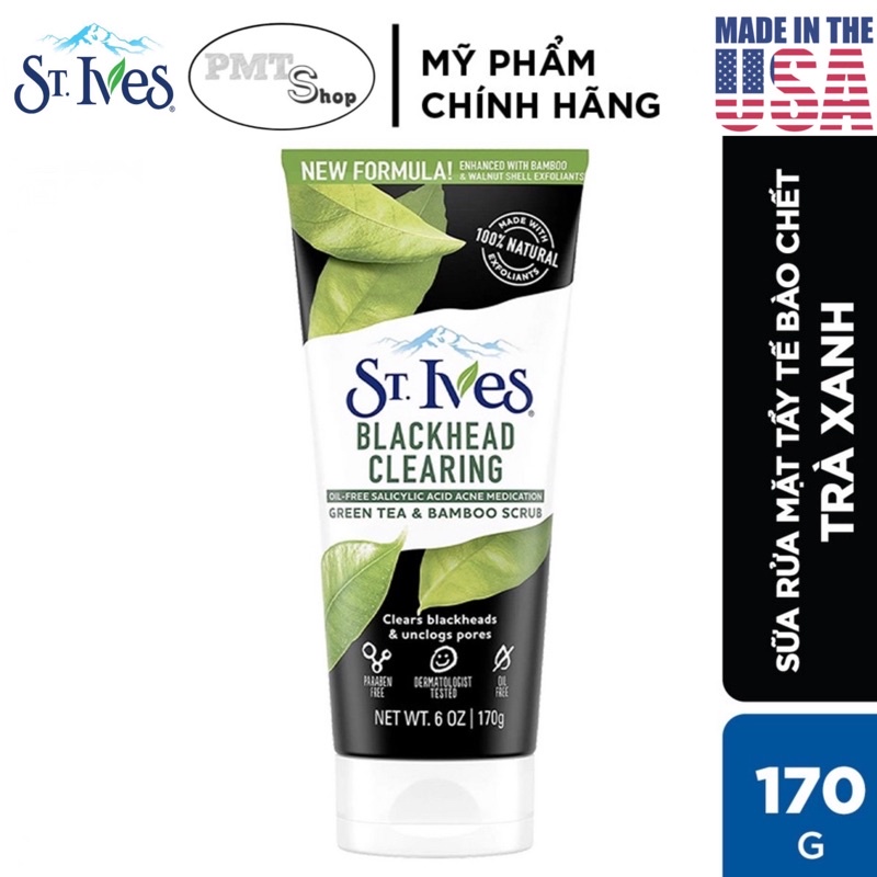 [USA] Sữa rửa mặt St.Ives Blackhead Clearing 170g Green tea &amp; Bamboo Scrub Trà xanh sạch mụn đầu đen - Mỹ