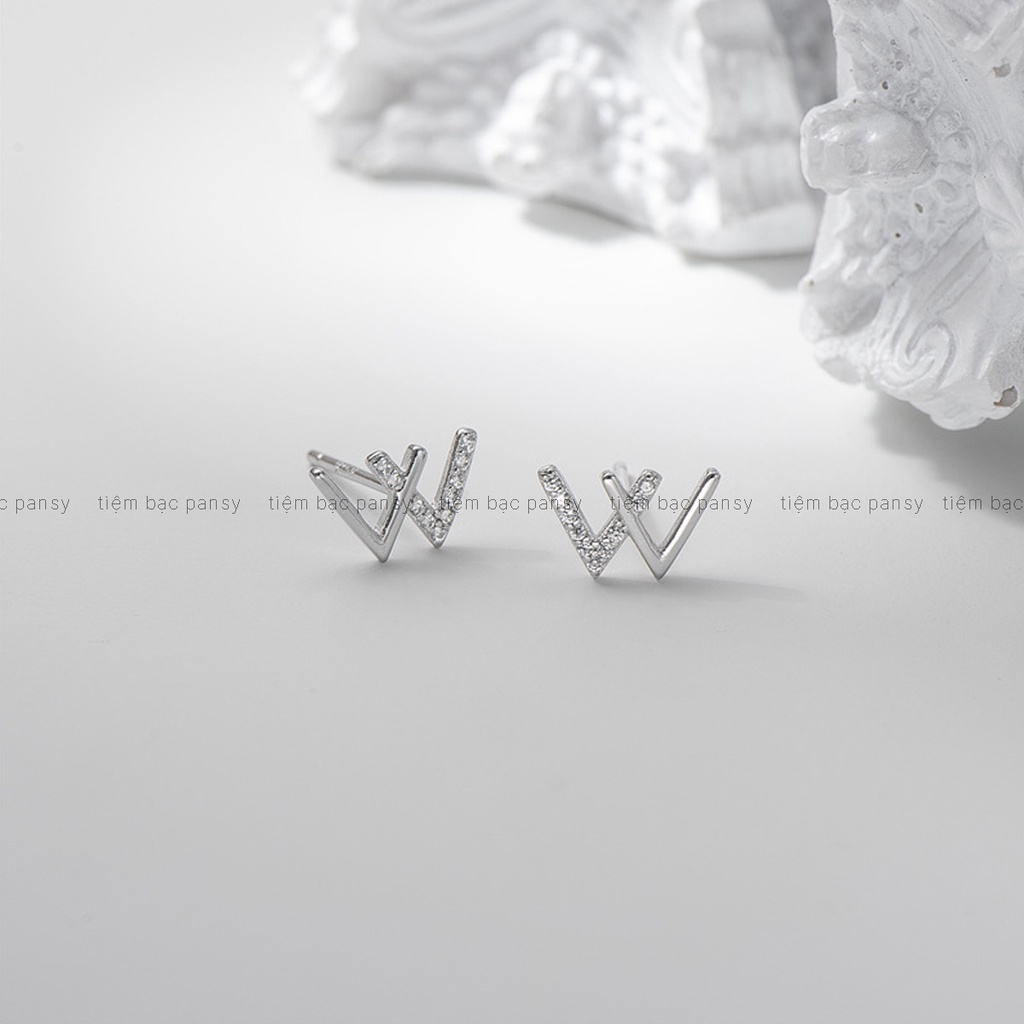 Bông tai nữ PANSY chữ W bằng bạc ta thật, khuyên tai nữ dễ thương phong cách Hàn Quốc cá tính